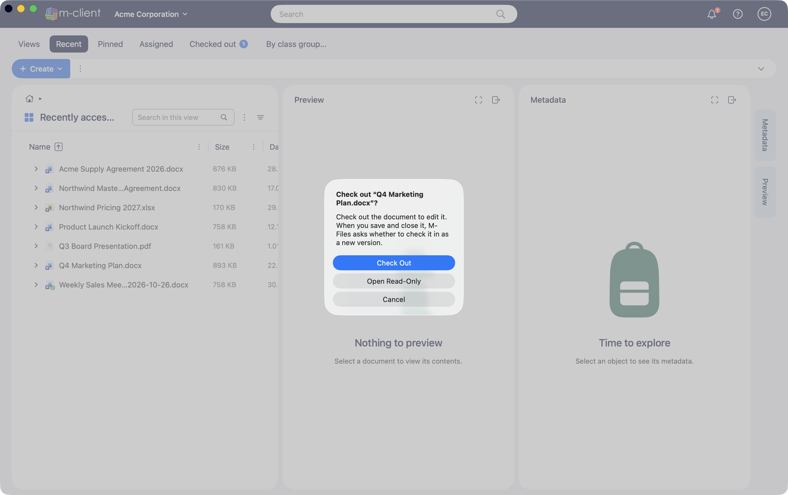 Open, check out and check in documents